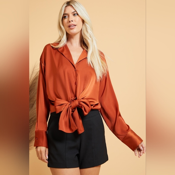 Long Sleeve Burnt Orange Tie Front Blouse - Picture 2 of 7